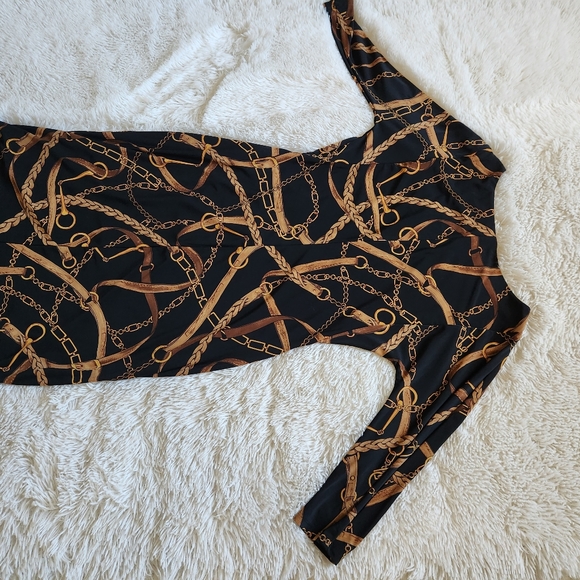 Lauren Ralph Lauren Black and Gold Chain Print Long Sleeve Dress - Picture 3 of 3